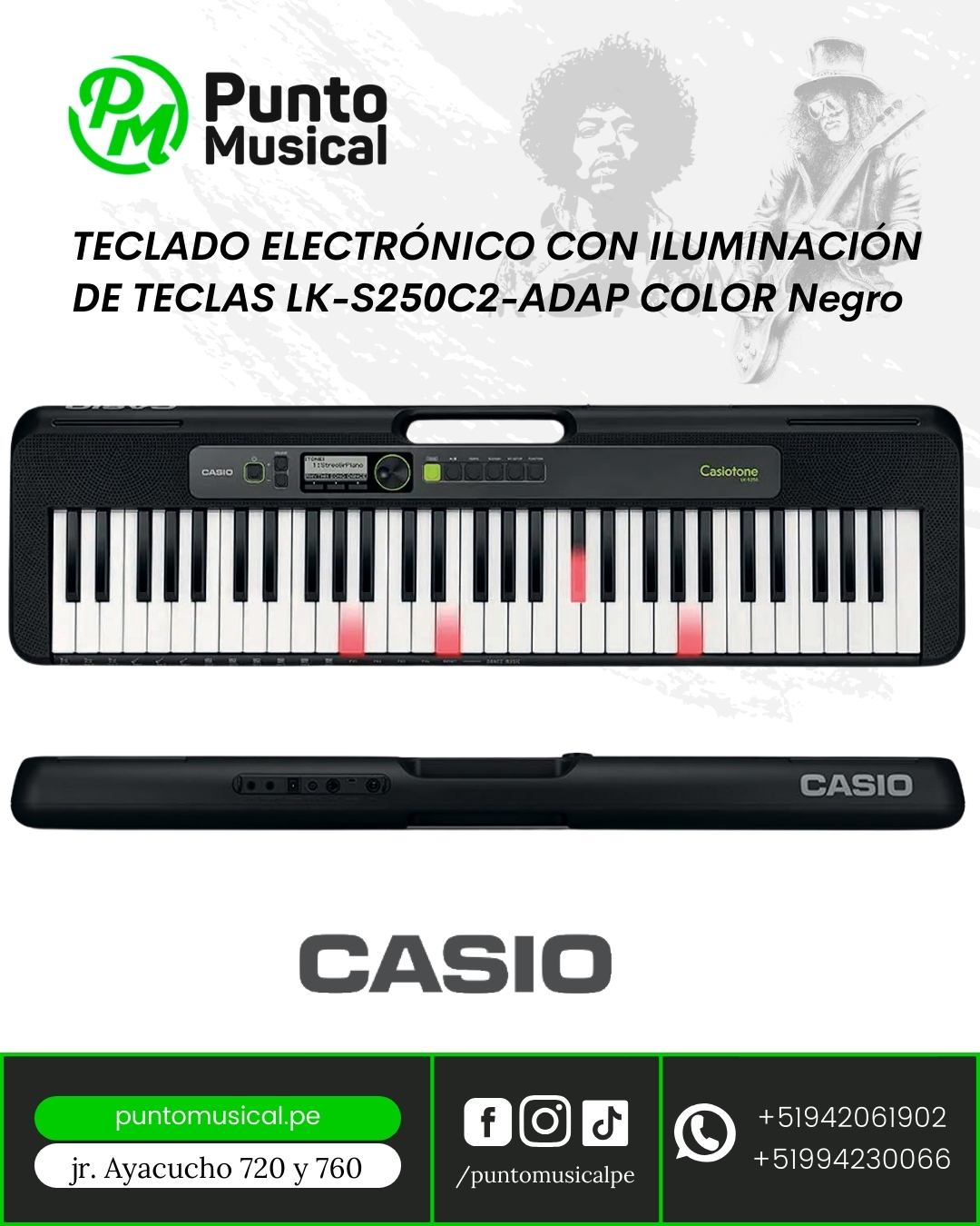 TECLADO ELECTRÓNICO CON ILUMINACIÓN DE TECLAS LK-S250C2-ADAP COLOR Negro