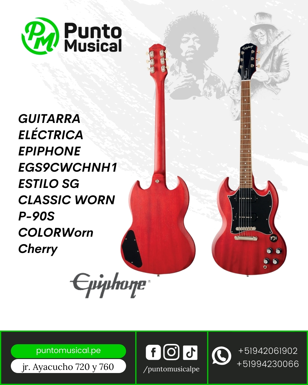 GUITARRA ELÉCTRICA EPIPHONE EGS9CWCHNH1 ESTILO SG CLASSIC WORN P-90S COLORWorn Cherry