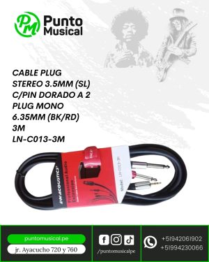 CABLE PLUG STEREO 3.5MM (SL) C/PIN DORADO A 2  PLUG MONO 6.35MM (BK/RD) 3M LN-C013-3M