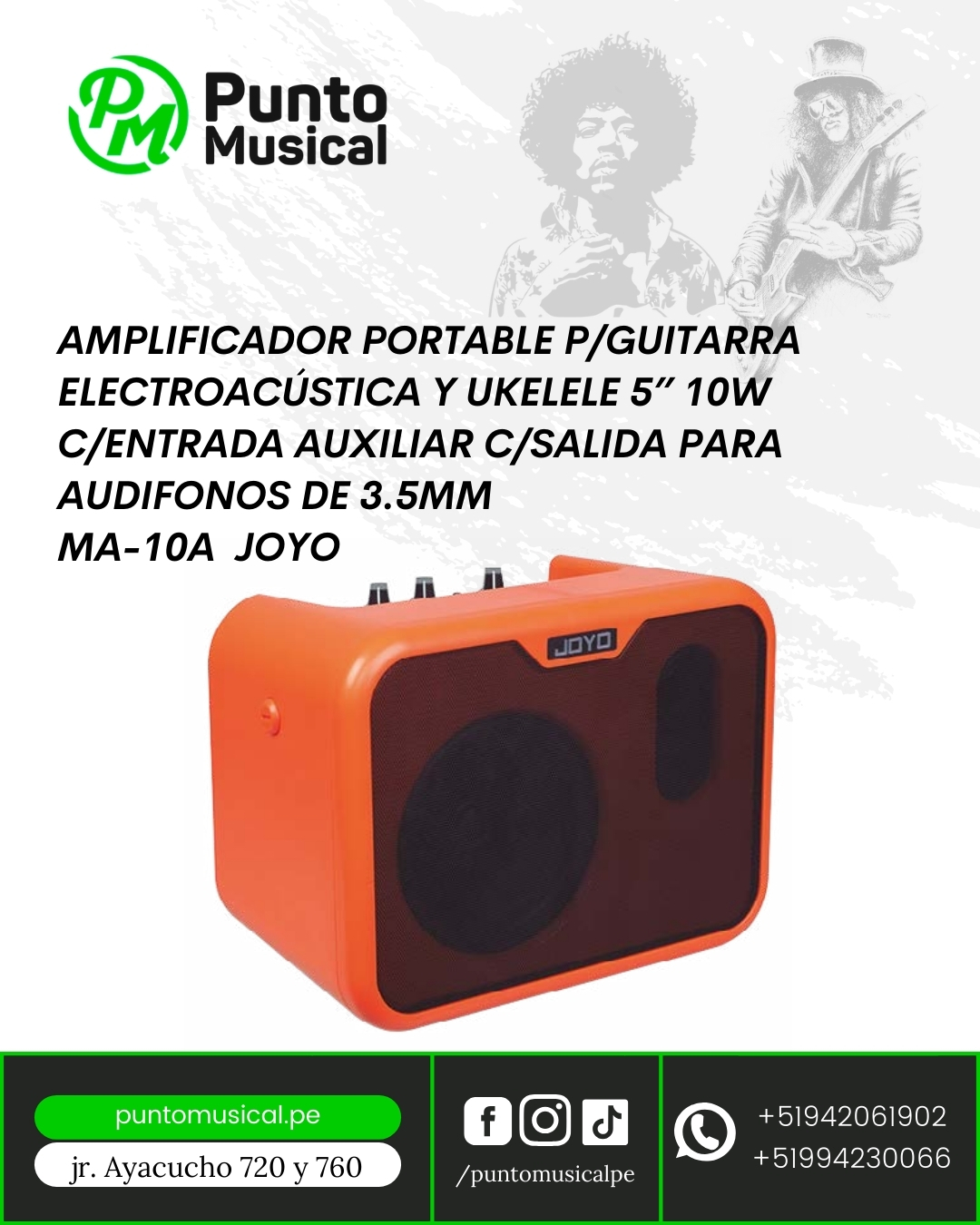 MA-10A AMPLIFICADOR PORTÁTIL P/GUITARRA ELECTROACÚSTICA Y UKELELE 5" 10W C/ENTRADA AUXILIAR C/SALIDA PARA AUDIFONOS DE 3.5MM – JOYO