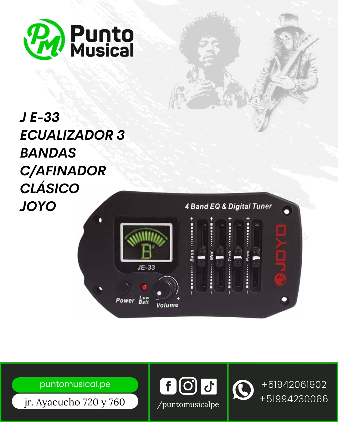 J E-33 ECUALIZADOR 3 BANDAS C/AFINADOR CLÁSICO JOYO