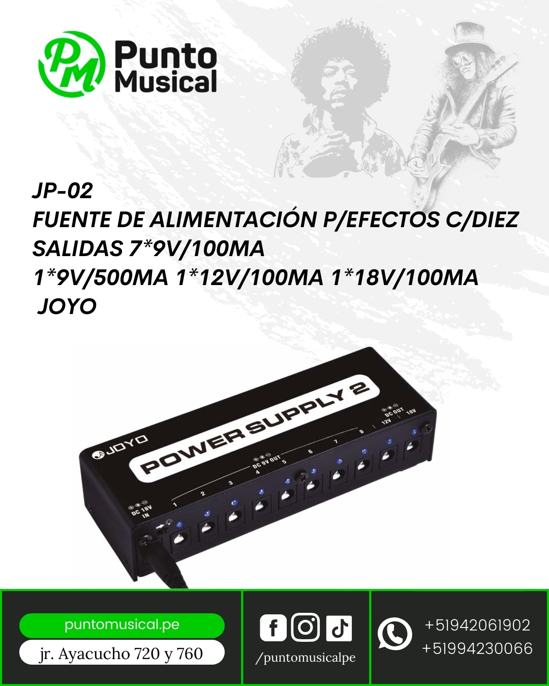 JP-02 – Fuente de alimentación profesional de 10 salidas para pedales de efectos.